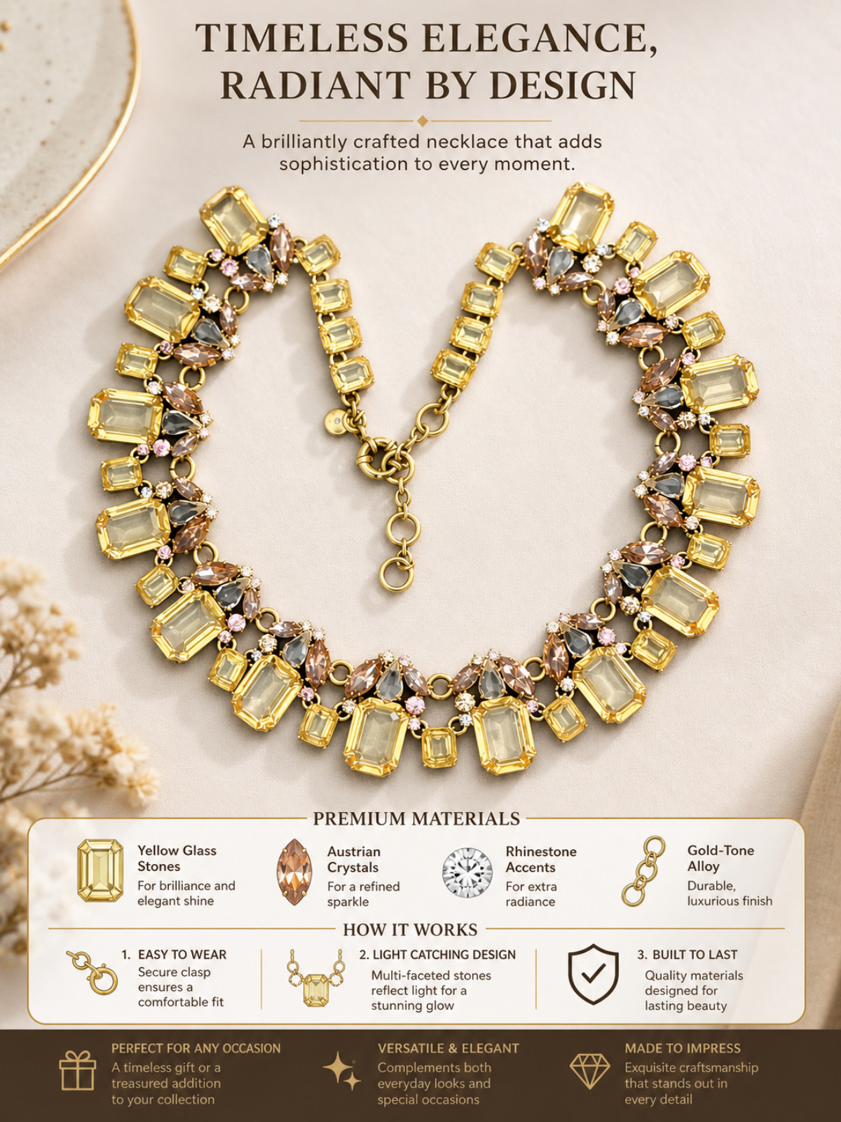 J.Crew Statement Necklace Yellow Glass Stone Austrian Crystal Cluster