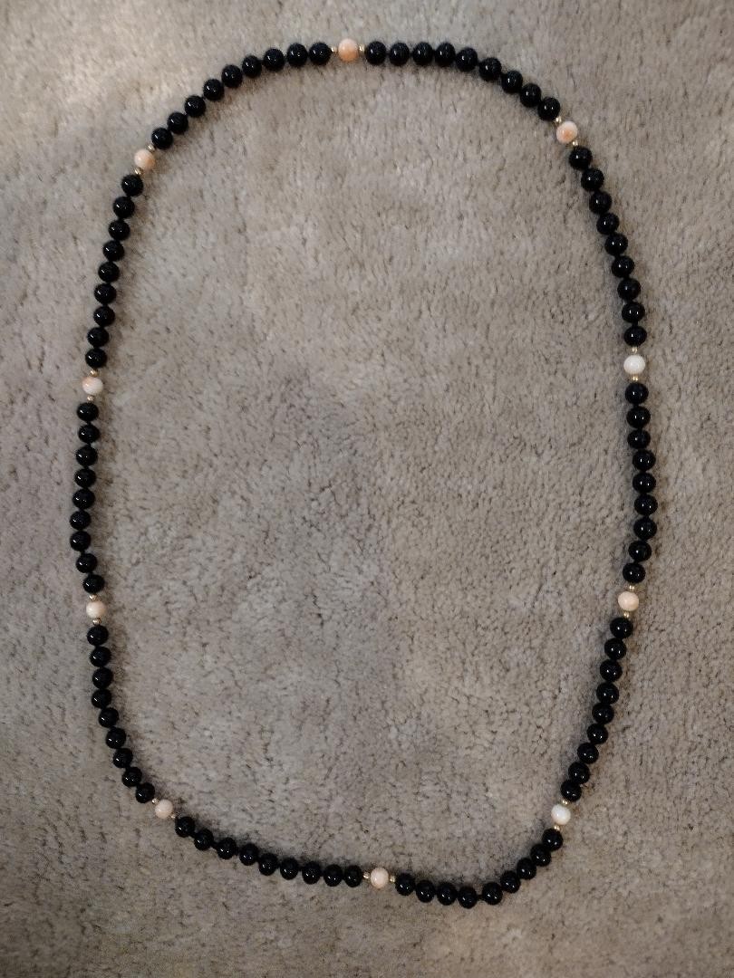 Black and Pink Coral Necklace Gold beads hand knotted 16 inch. Ships Free