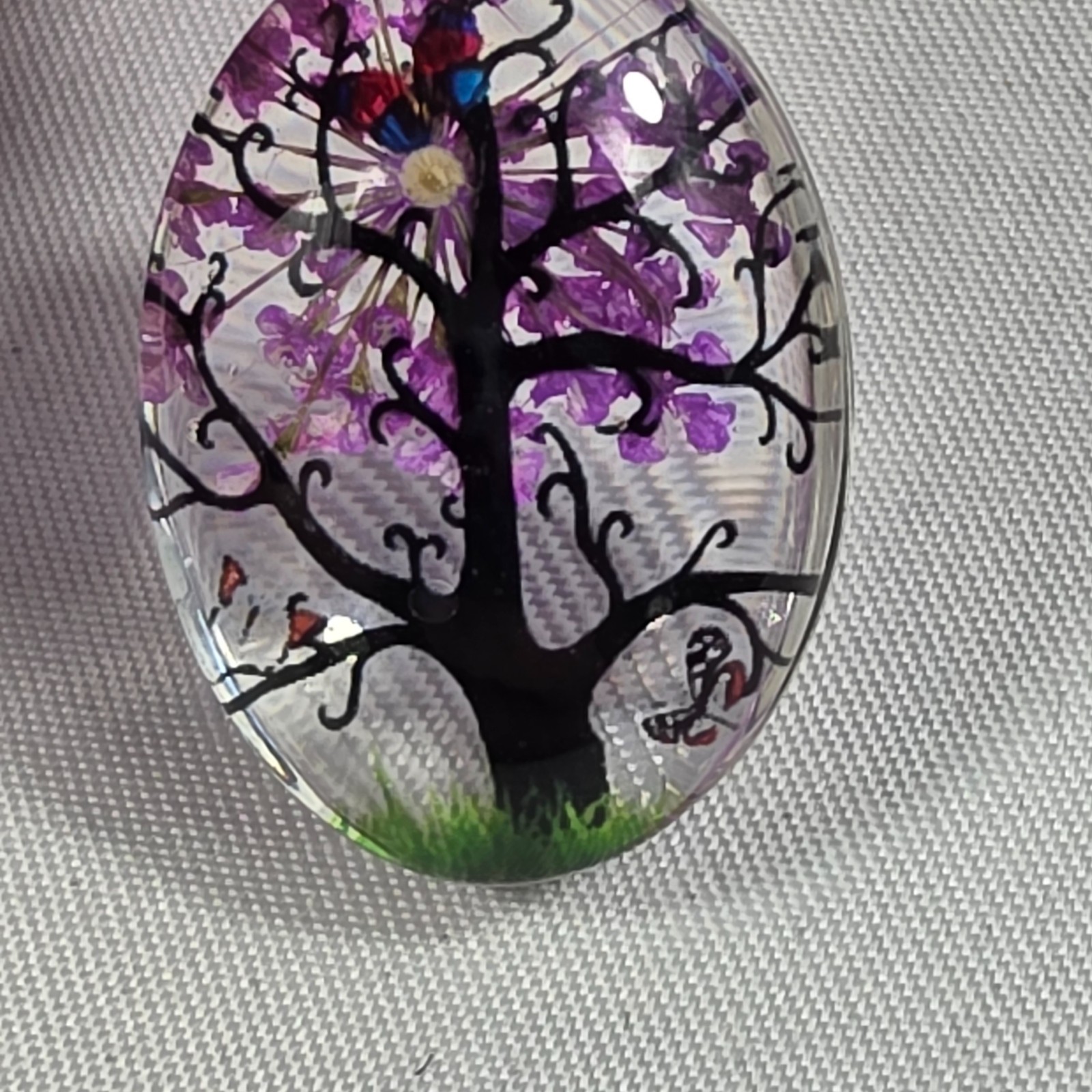 Tree of Life Resin Oval Pendant Dried Purple Flowers Butterflies, Tree & Grass