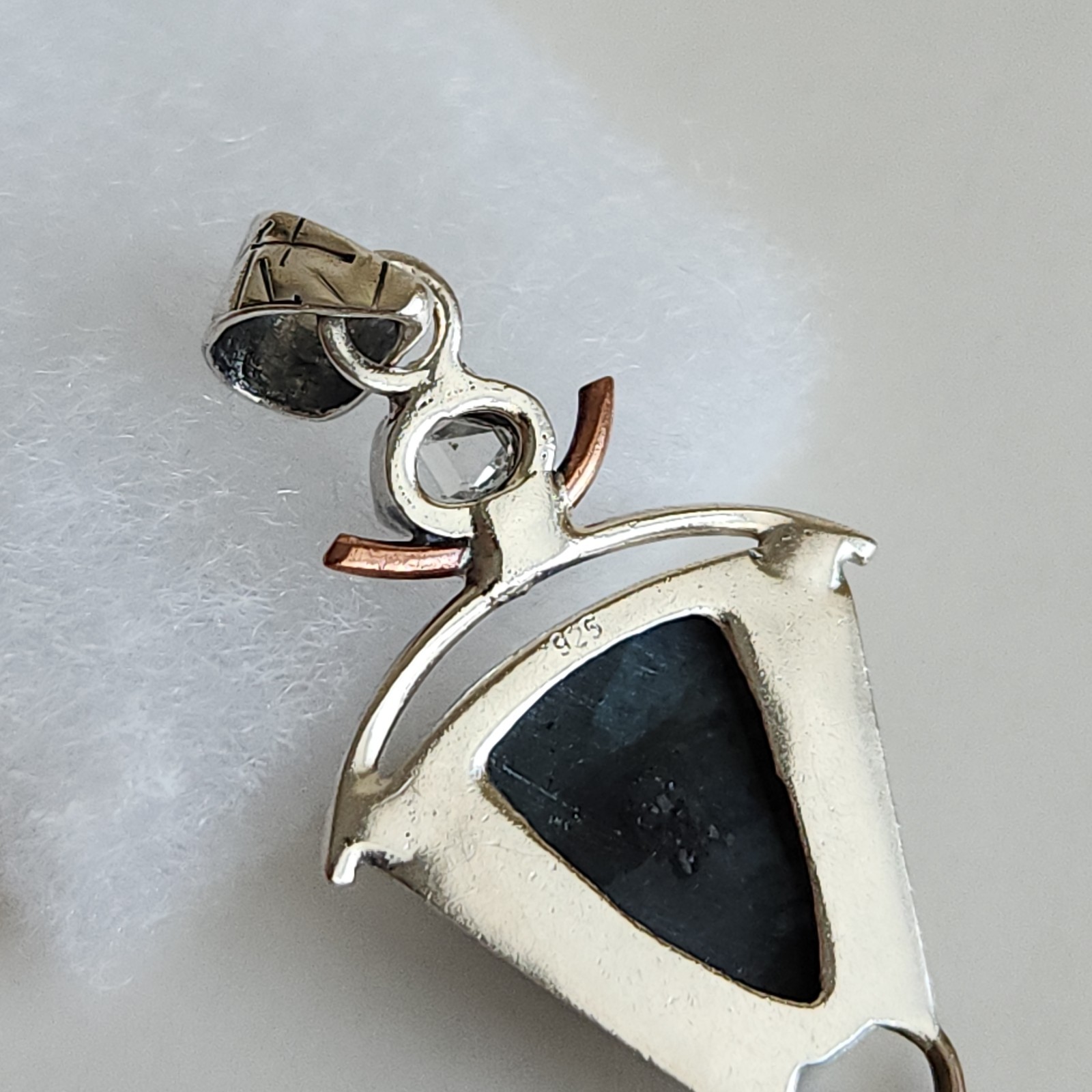 Sterling Silver Black Moss Agate Pendant 925 Artisan Mixed Metal 5.3g