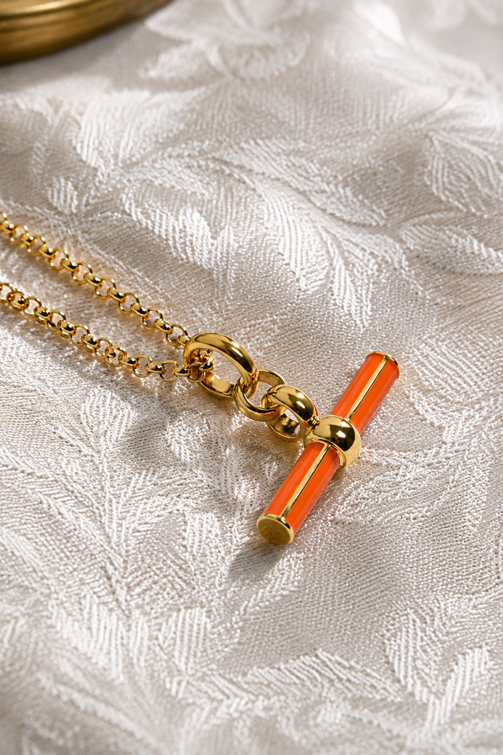 Rolo Chain T Bar Pendant Necklace Brass Metal with orange enamel necklace