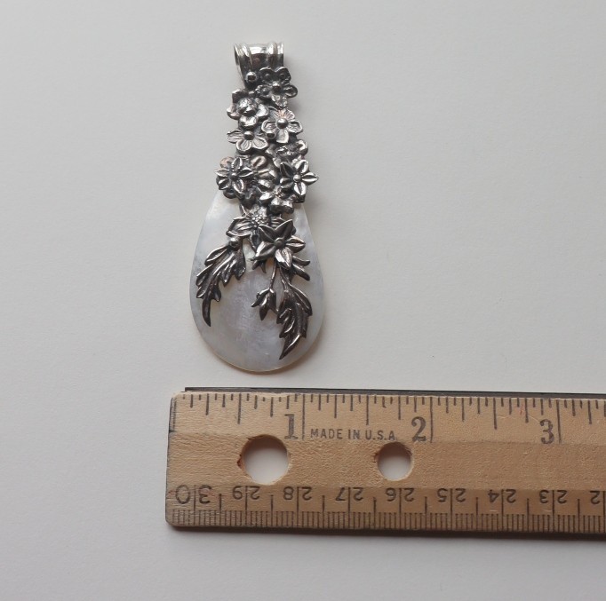 .925 Sterling Silver MOTHER OF PEARL mop LARGE teardrop flower PENDANT 3″ long