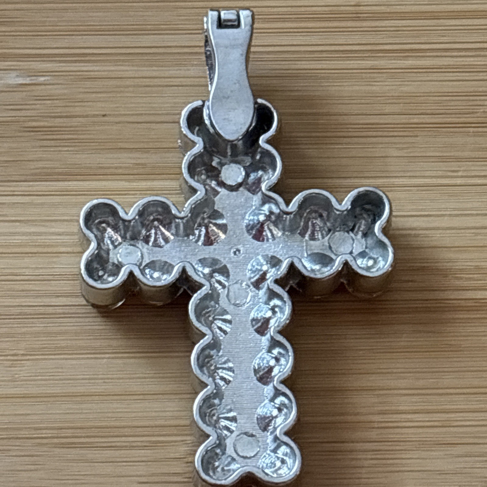 Large AB Rhinestone Cross Enhancer Pendant Silver Tone Clip Bail 3” Statement