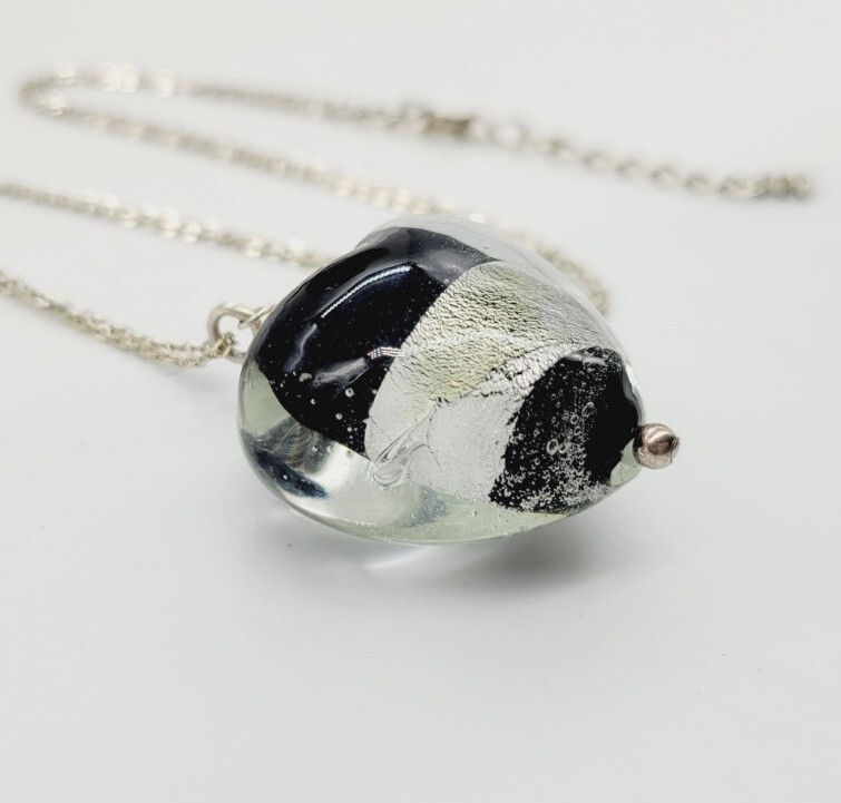 Heart Pendant Sterling Silver Necklace Black & Grey Lucite 19 in Chunky