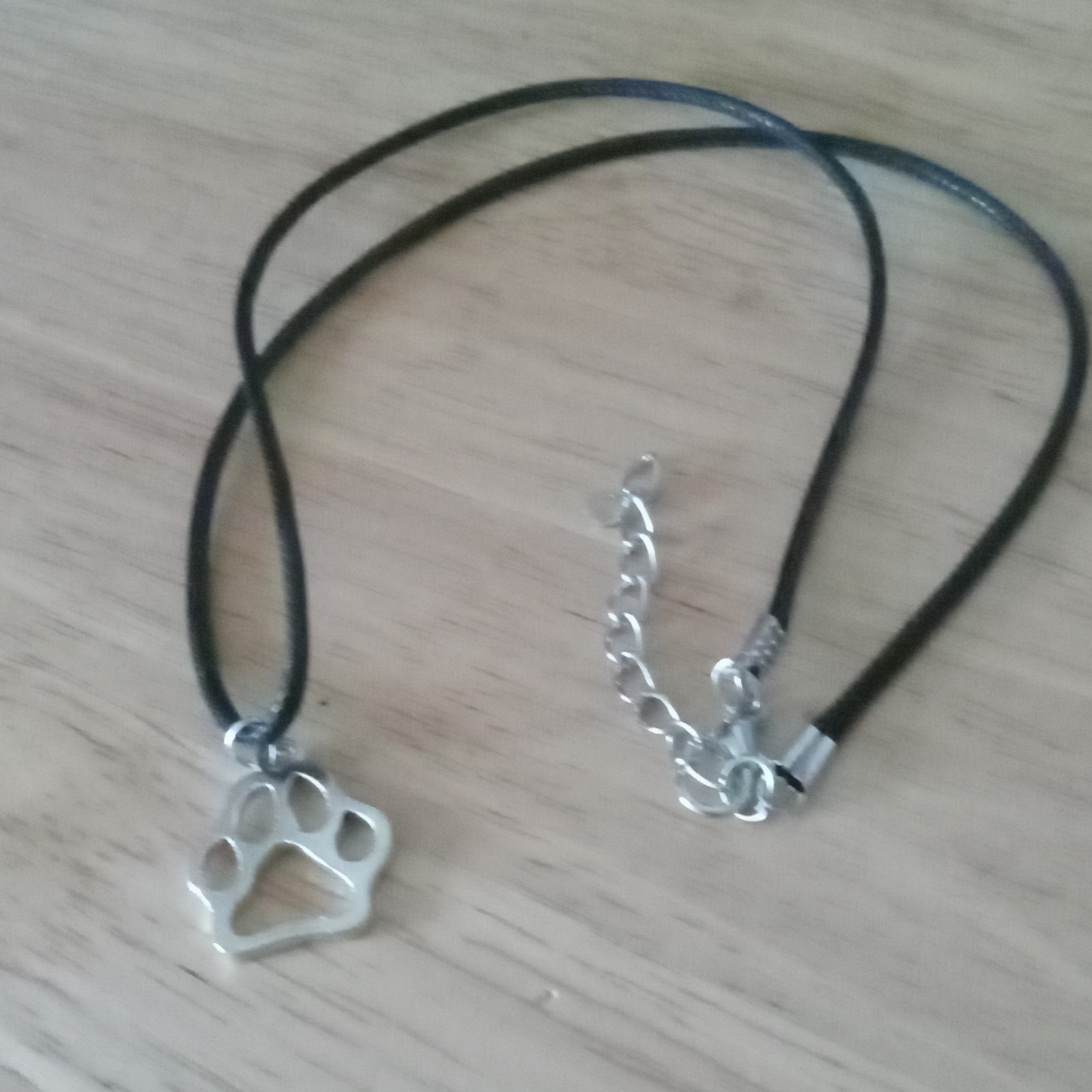 Paw Print Charm Pendant Necklace Adjustable Black Cord Silver Tone, Lobster