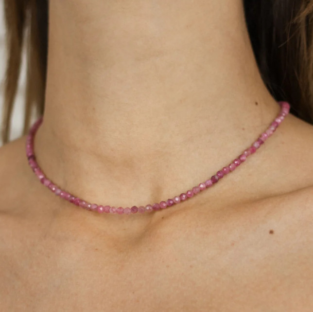 Natural Crystal Choker 2mm Pink Tourmaline Beaded Women Healing Boho Necklace