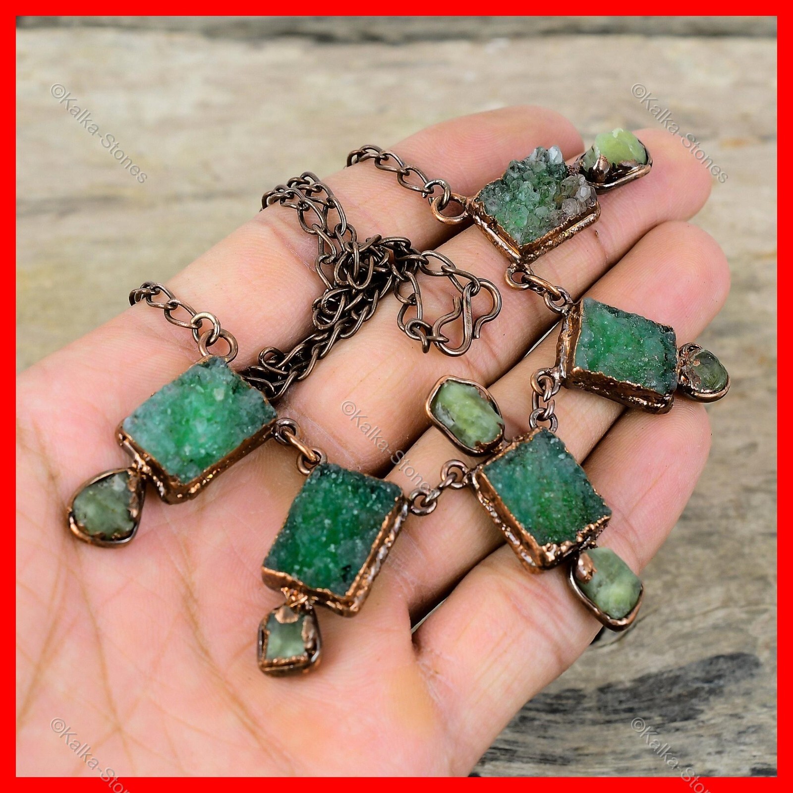 Green Druzy Gemstone Aquamarine Rough Copper Chain Bezel Electroformed Necklace