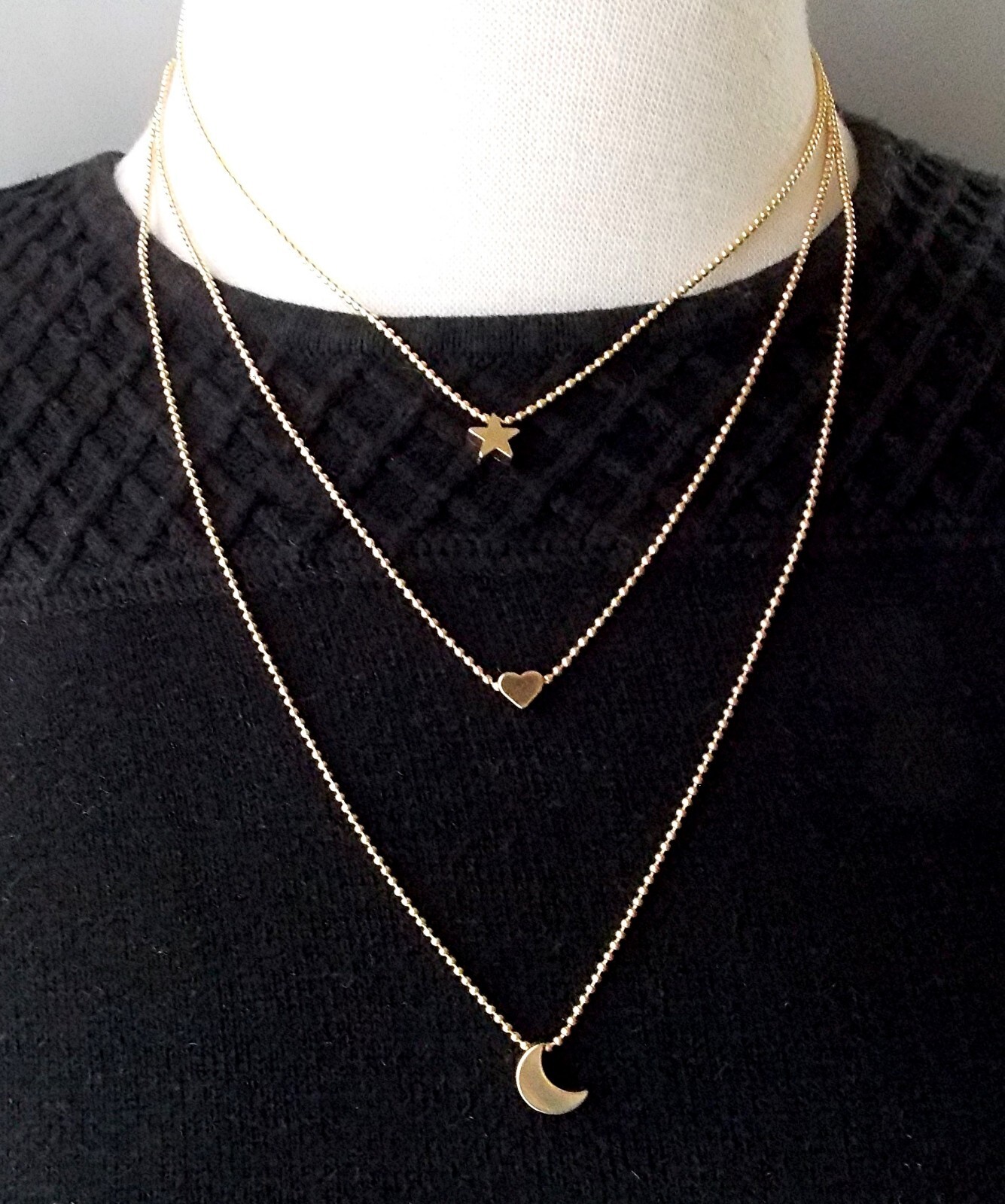 MULTI-LAYER GOLDTONE ADJ. 3 STRAND STAR, HEART, & CRESCENT MOON PENDANT NECKLACE