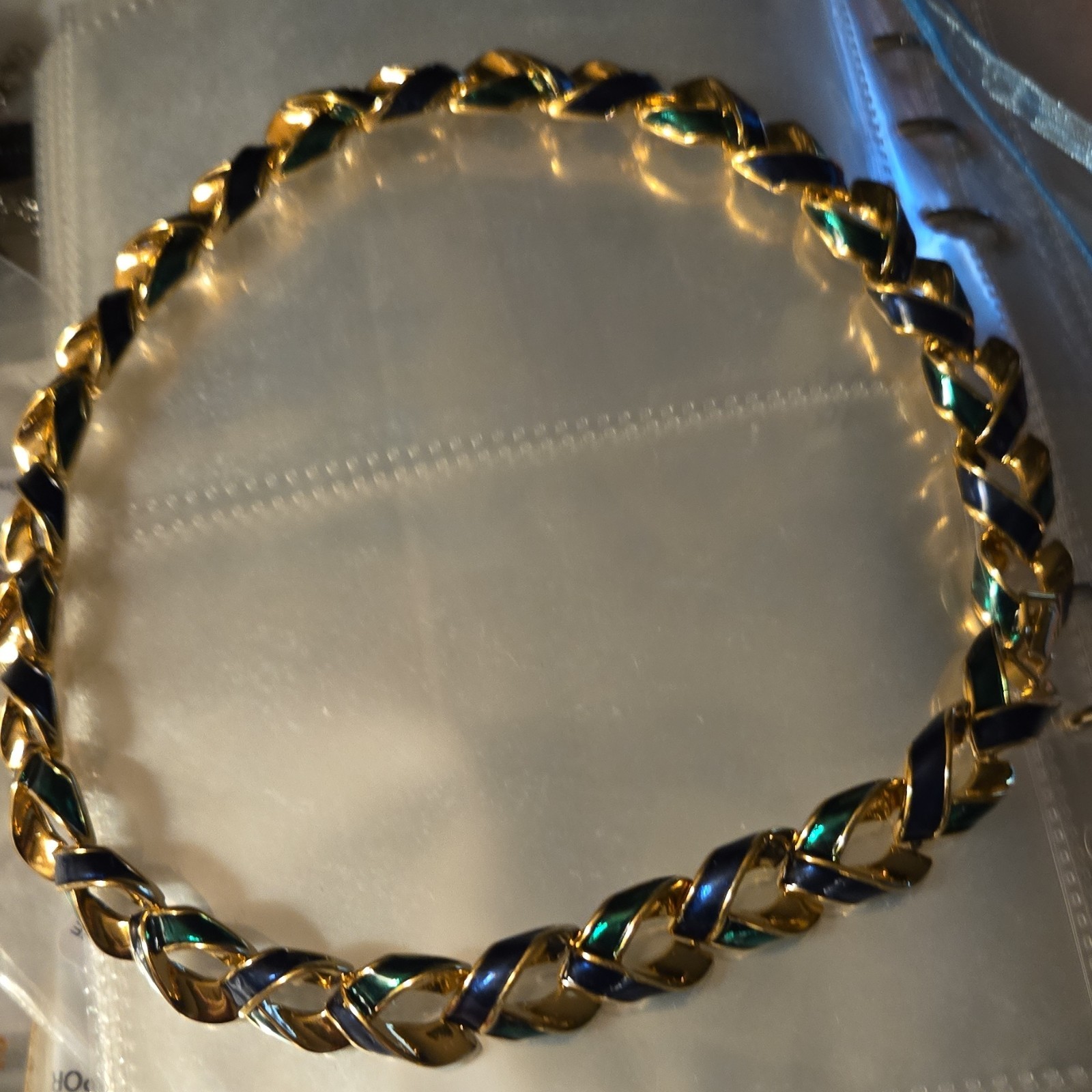VTNg Gold Plated Oval Link Chocker Necklace with Blue and Green Enamel. Cora