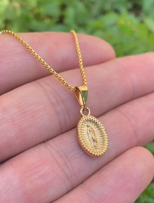 Virgen de Guadalupe Necklace 14K Gold Filled Box Link Chain Gifts For Adults