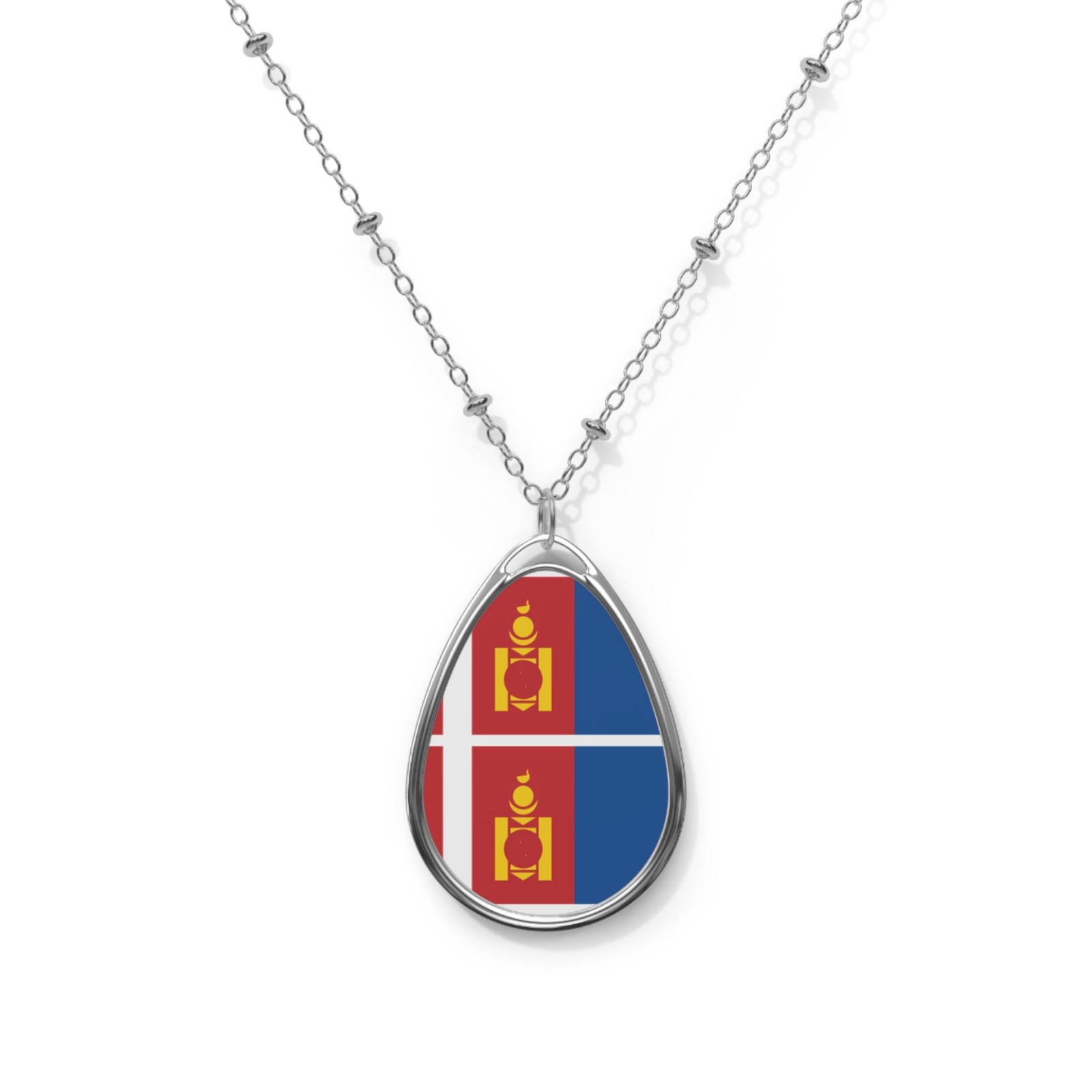 Mongolia Flag Oval Necklace – Mongolian Heritage Pendant – One Size /