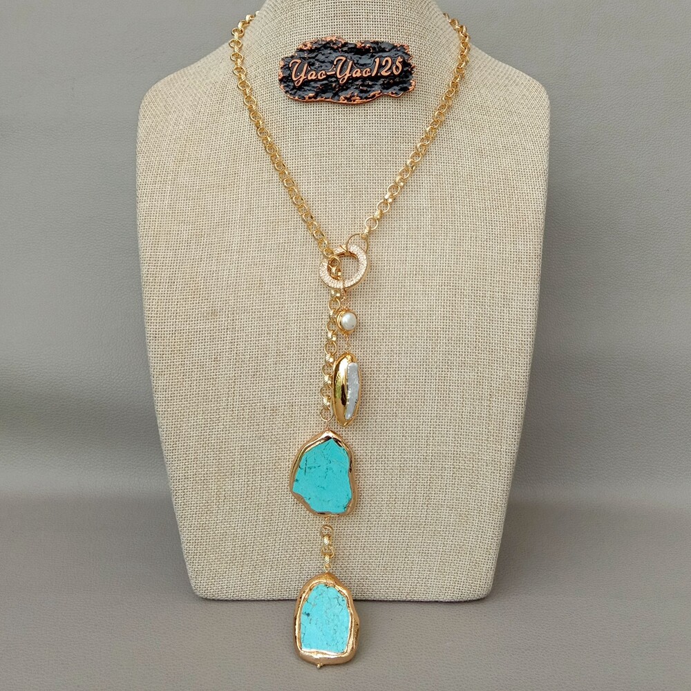 27″ White Biwa Pearl Turquoise Lariat Chain Necklace