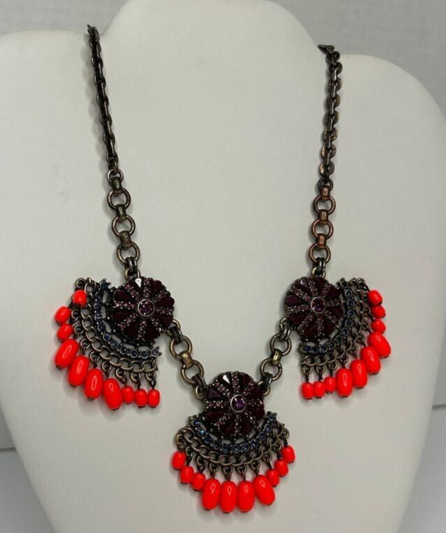 J Crew Necklace 18in +3 Brass Tone Neon Orange Bead Purple Crystals READ Flaw