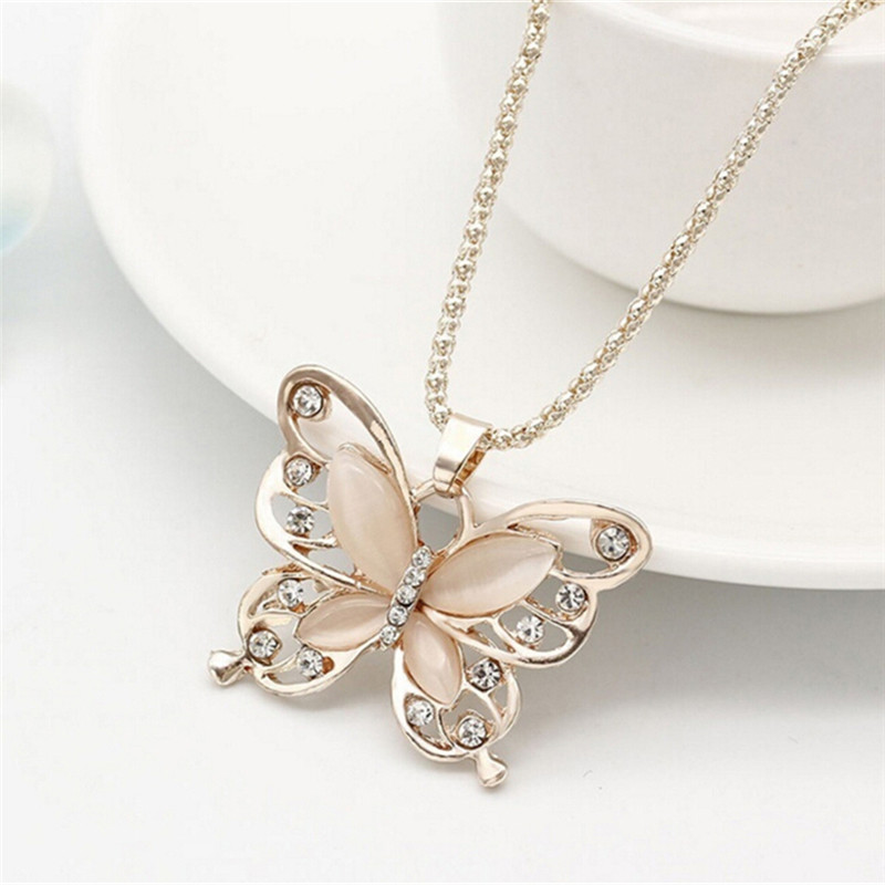 Rose Gold Tone Butterfly Pendant Necklace – Rhinestone Shine Fashion Jewelry
