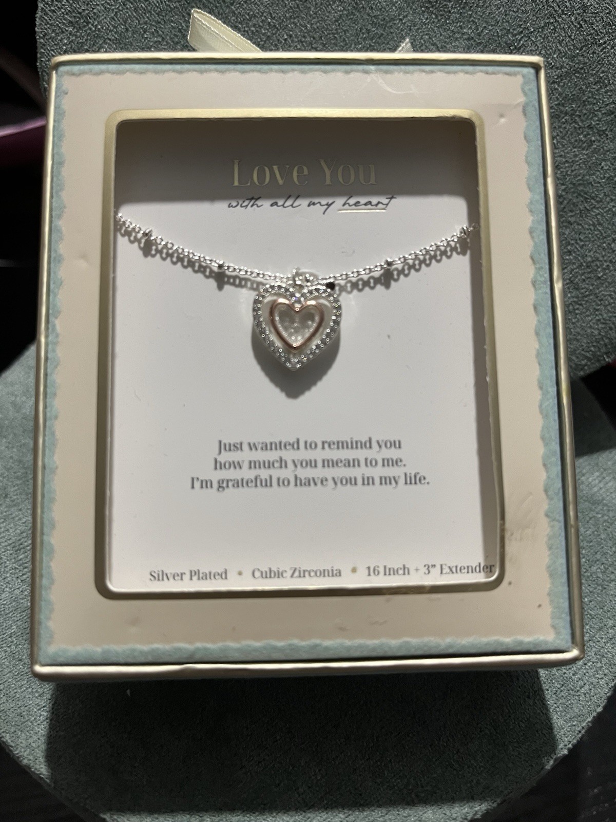Love Theme Silver Plated CZ Heart Charm Pendant Necklace Cable 16+3in Adj