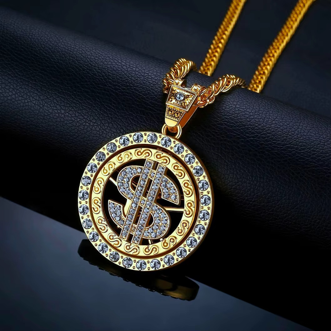 Gold Spinning Dollar Sign Pendant Necklace