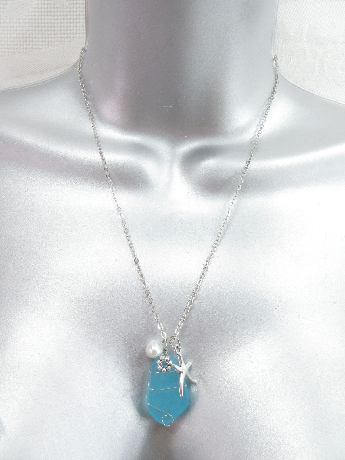Beach Sea Glass Necklace Blue Silver Starfish Pearl Charms Turquoise Silver New