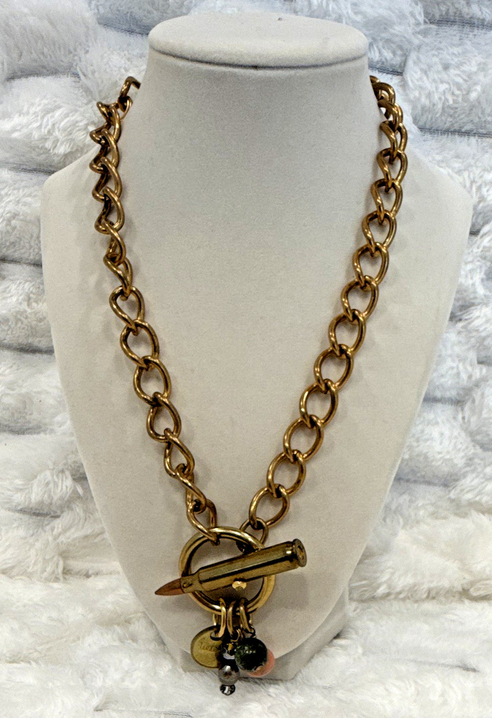 Twisted Silver Chunky Gold Tone Chain Necklace Bullet Toggle Clasp Charm 20″