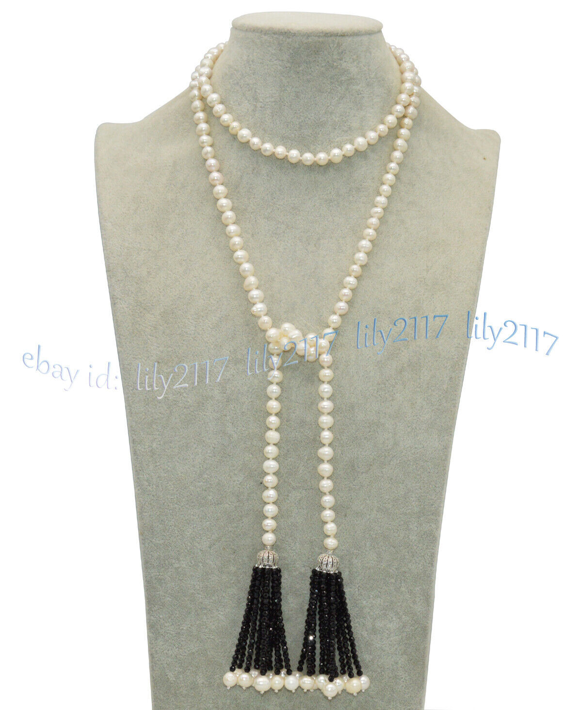 7-8mm Natural White Freshwater Pearl Black Spinel Tassel Pendant Scarf Necklace