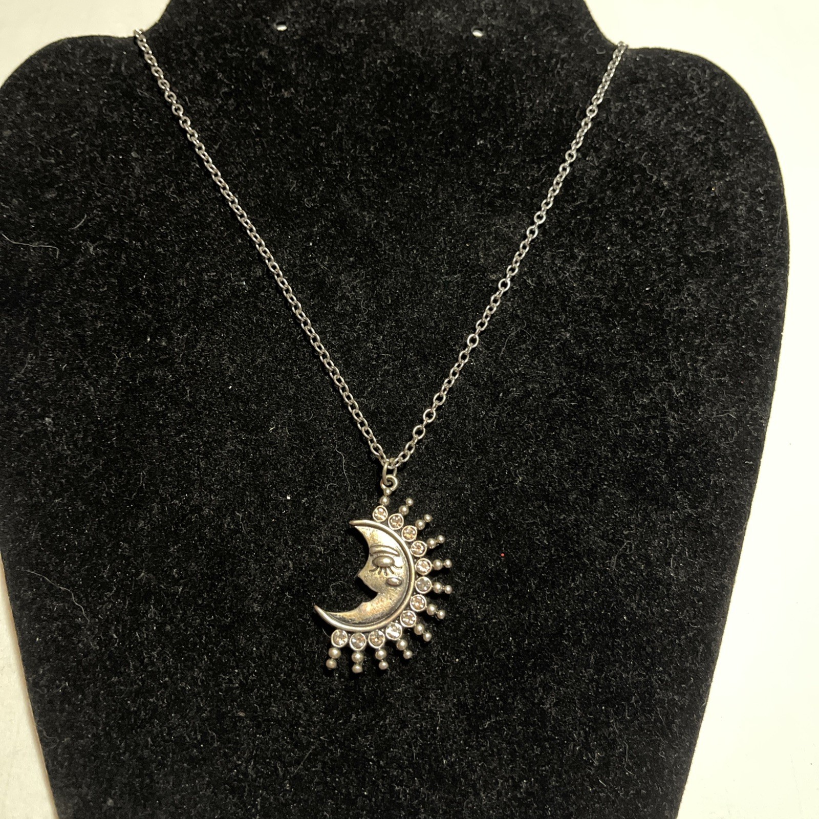 Silver Tone Half Moon Face Celestial Pendant Necklace 22”