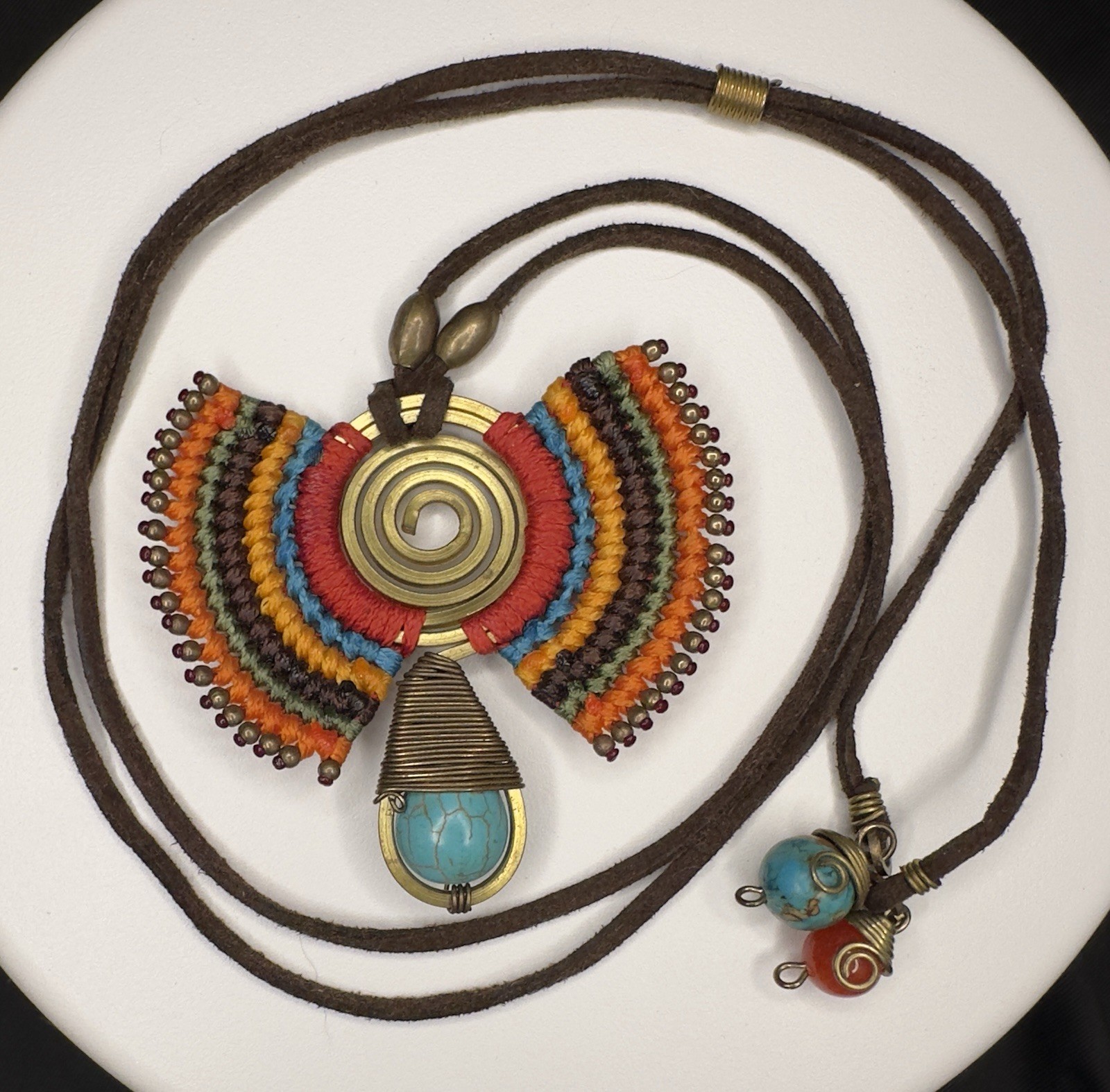 Tribal Path Turquoise Macrame Suede Handmade Necklace Evil Eye Artisan Nepal