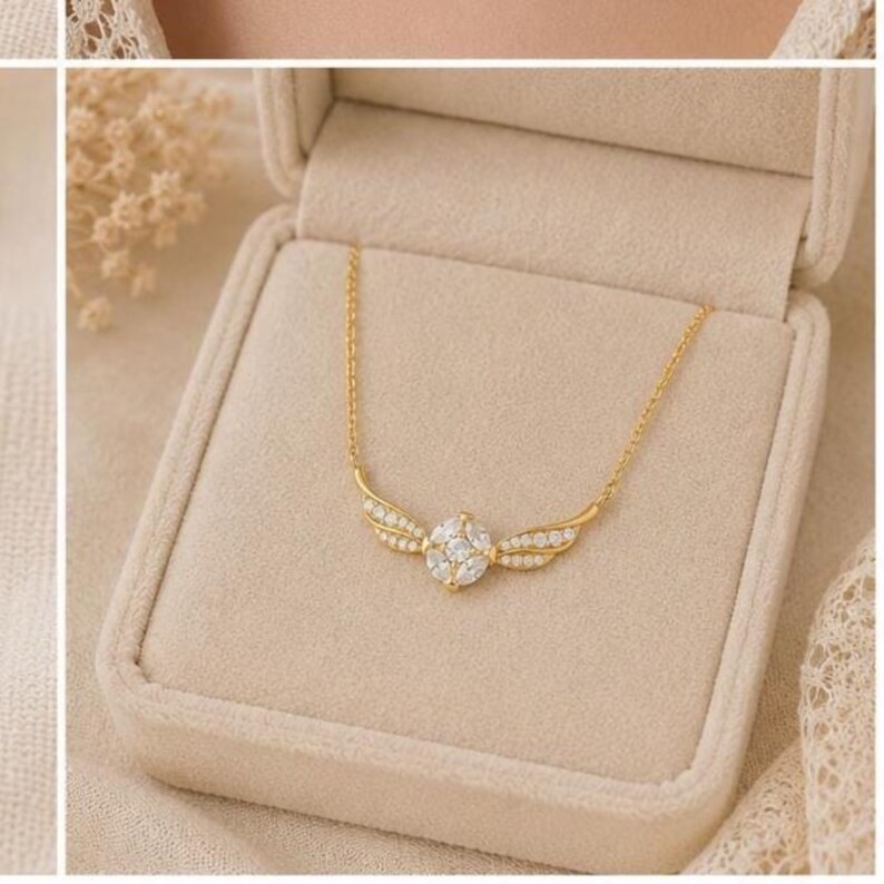 Fantasy Winged Necklace | Sterling Silver Pendant | CZ Diamonds, Gold Finish