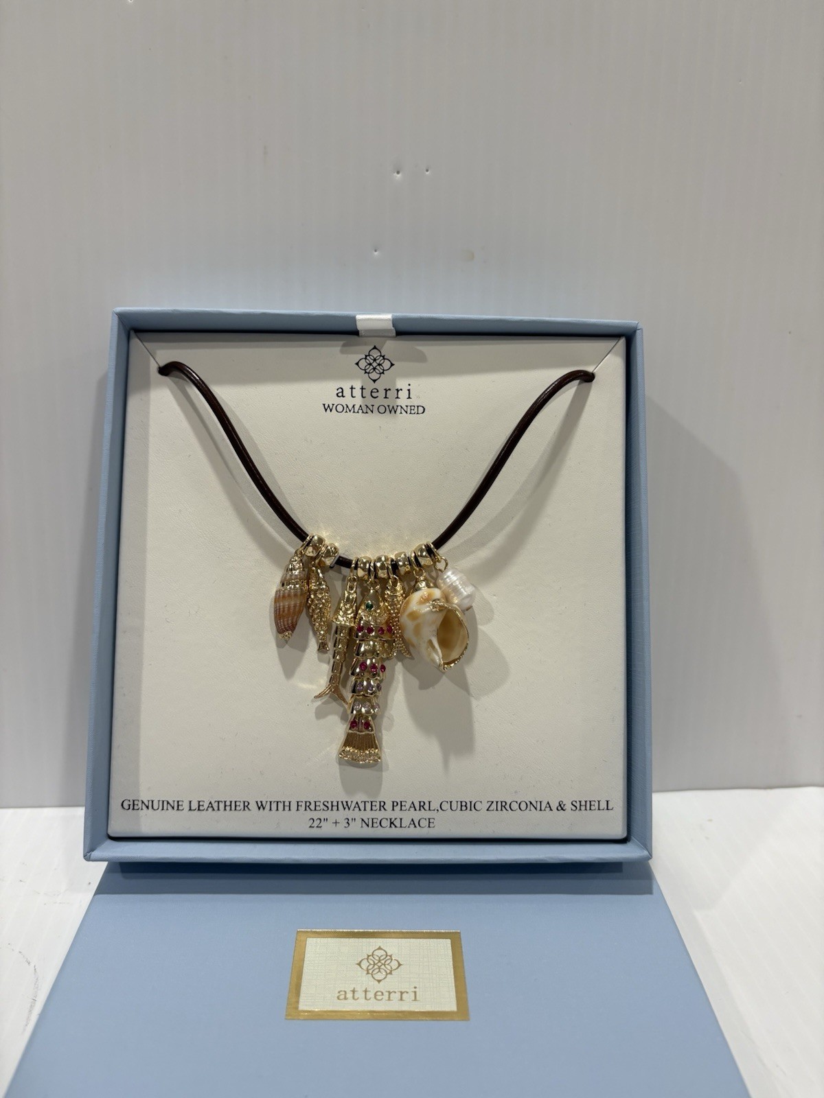 ATTERRI CHARM NECKLACE GENUINE LEATHER W FRESH WATER PEARL CUBIC ZIRCONIA &SHELL