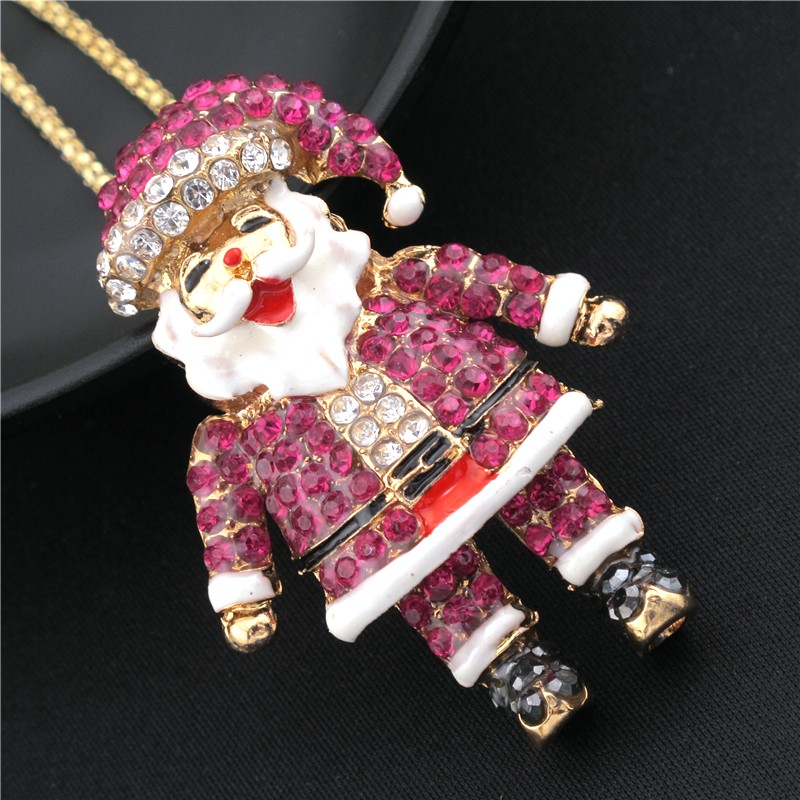 Fashion Women Pink Crystal Enamel Santa Claus Pendant Long Chain Necklace Gift