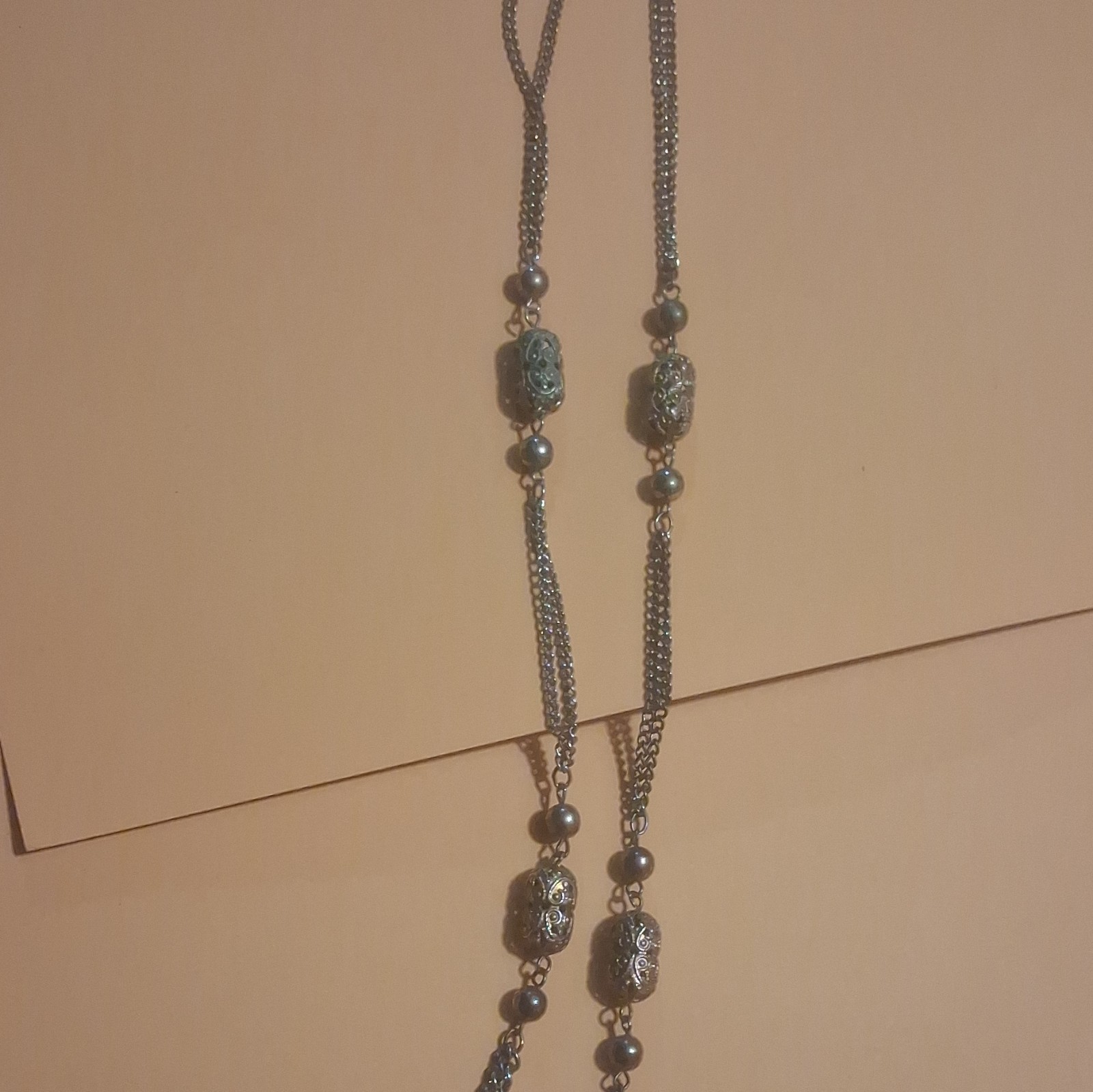 Silver Tone Rope Chain Beaded Necklace, Black/Gray Barrel Beads, Spring Ring