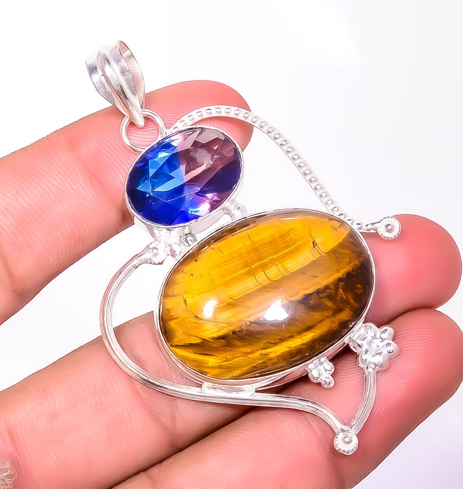 Yellow Tiger Eye& Bi Color Tourmaline 925 Silver Plated Pendant 2.73″ T2720