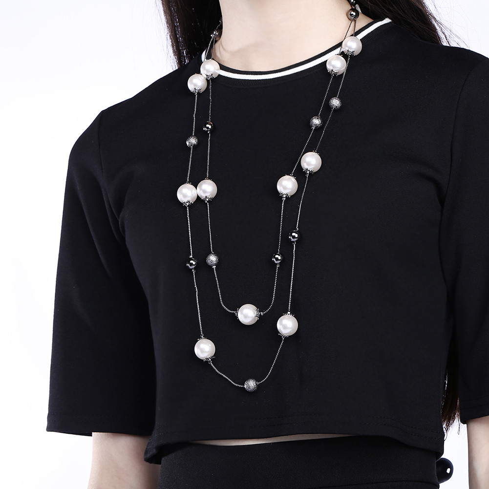 Chic Two Layer White Pearl Glass Woman Chain Wedding Necklace N-A550 Gift