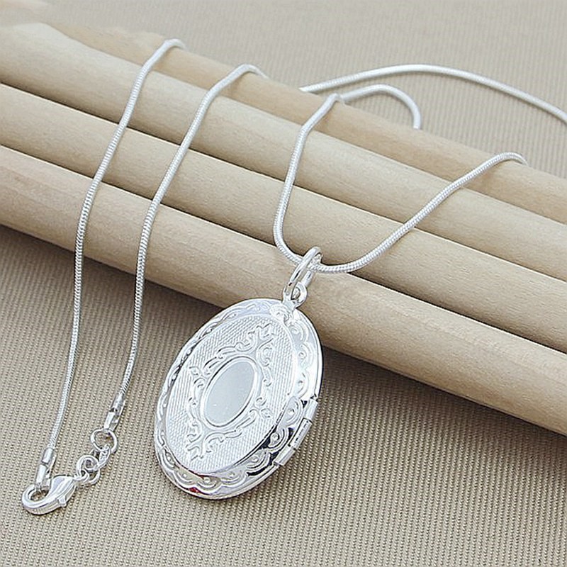 Photo Frame Pendant Necklace 925 Sterling Silver Oval Heart Locket Jewelry