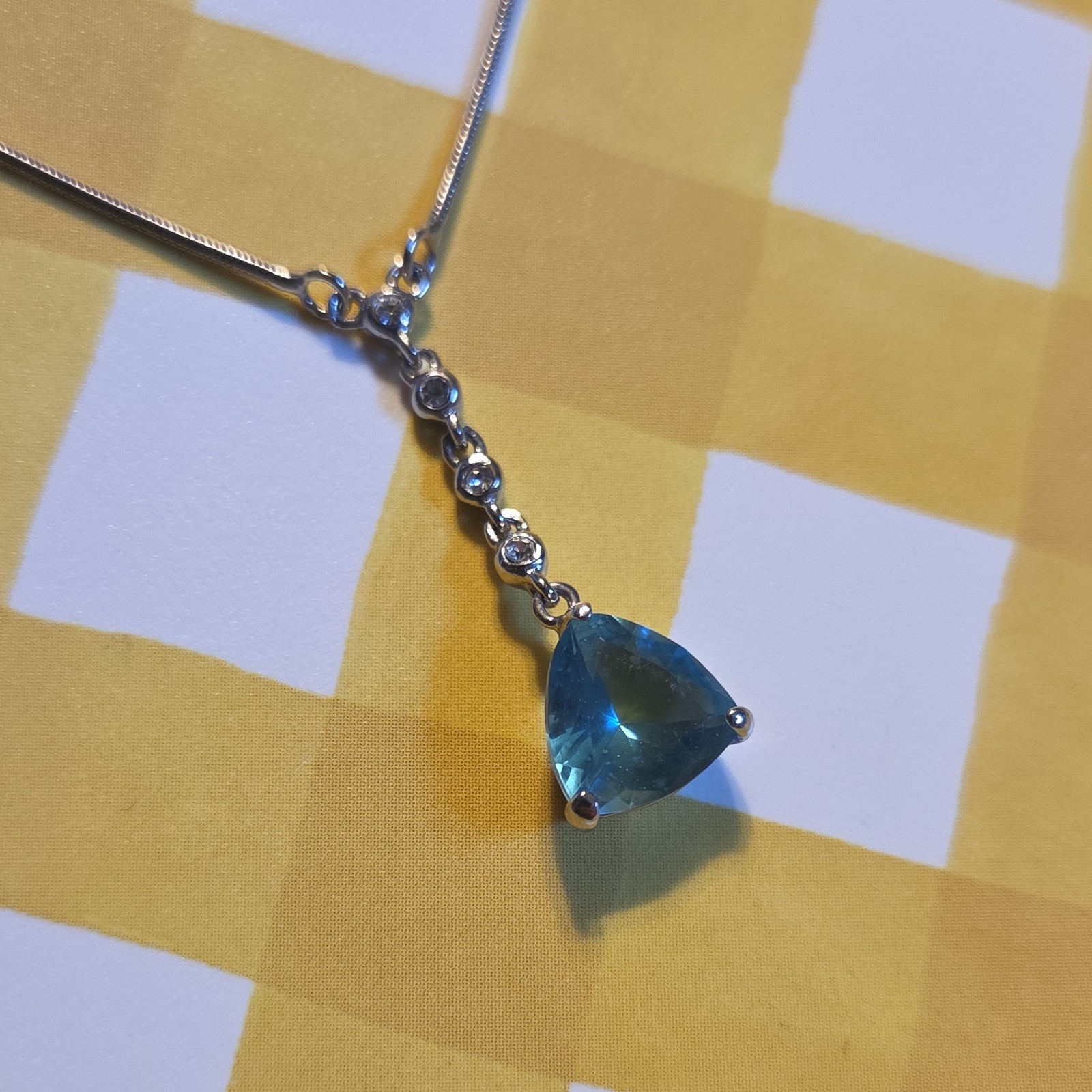 Silver Tone Snake Chain Necklace Blue Trillion Crystal Triangle Charm Pendant