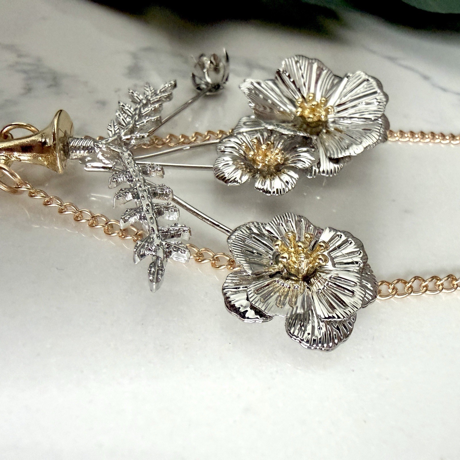 Flower Vase Gold & Silver Necklace Oversized Botanical Long Boho Jewelry NEW