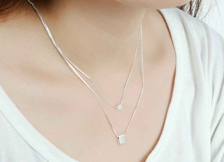 16-20″ Sterling silver double layer Cube choker Box necklace Pendant Gift F20