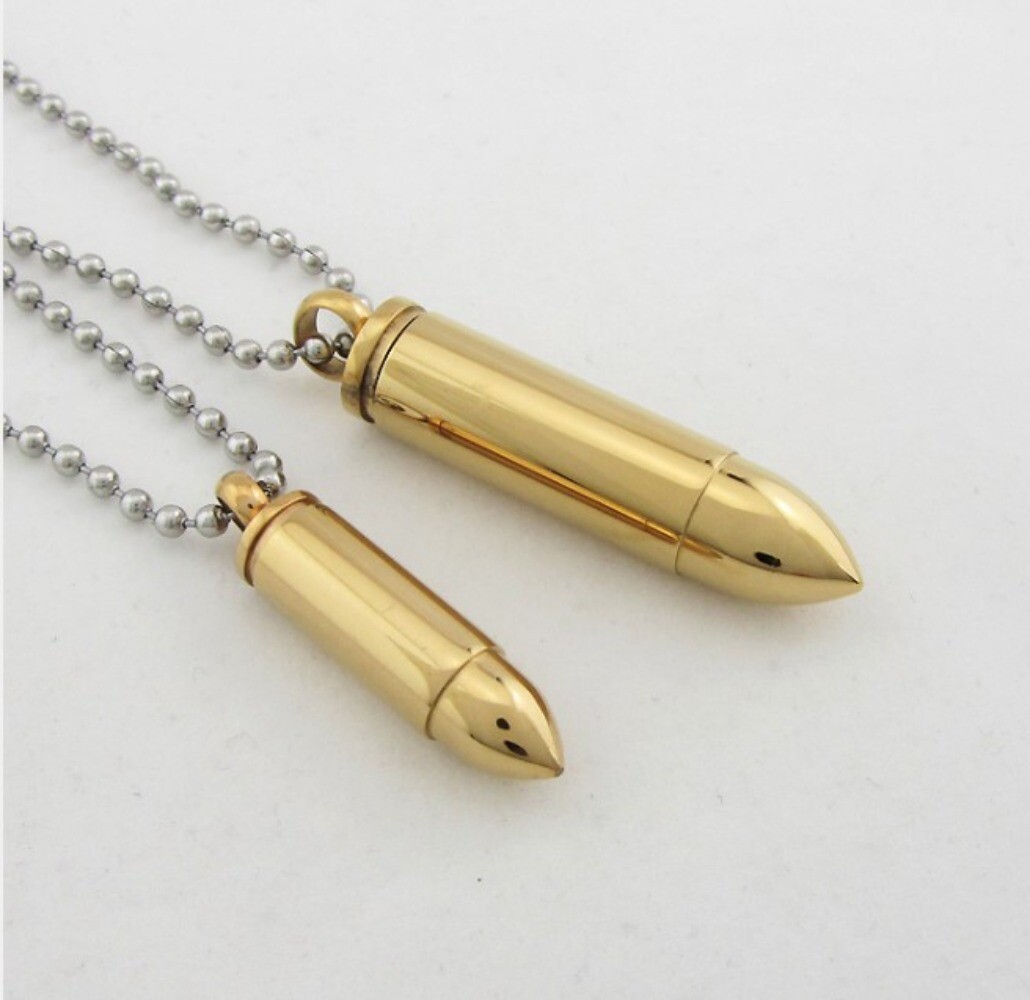 Mens Stainless Steel Necklace Open Bullet Pendant Pill Case Holder Male Jewelry