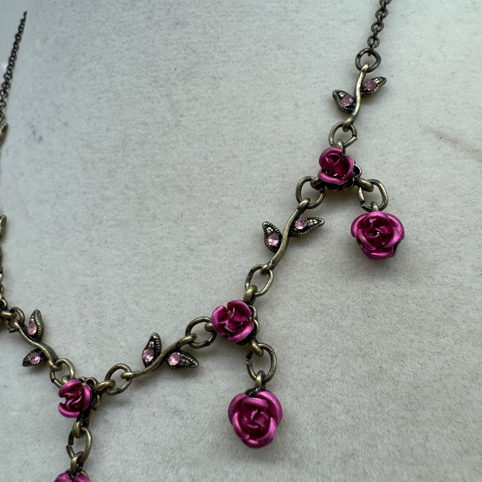 Vintage Style Antique Brass Magenta Rose Vine Rhinestone Floral Drop Necklace