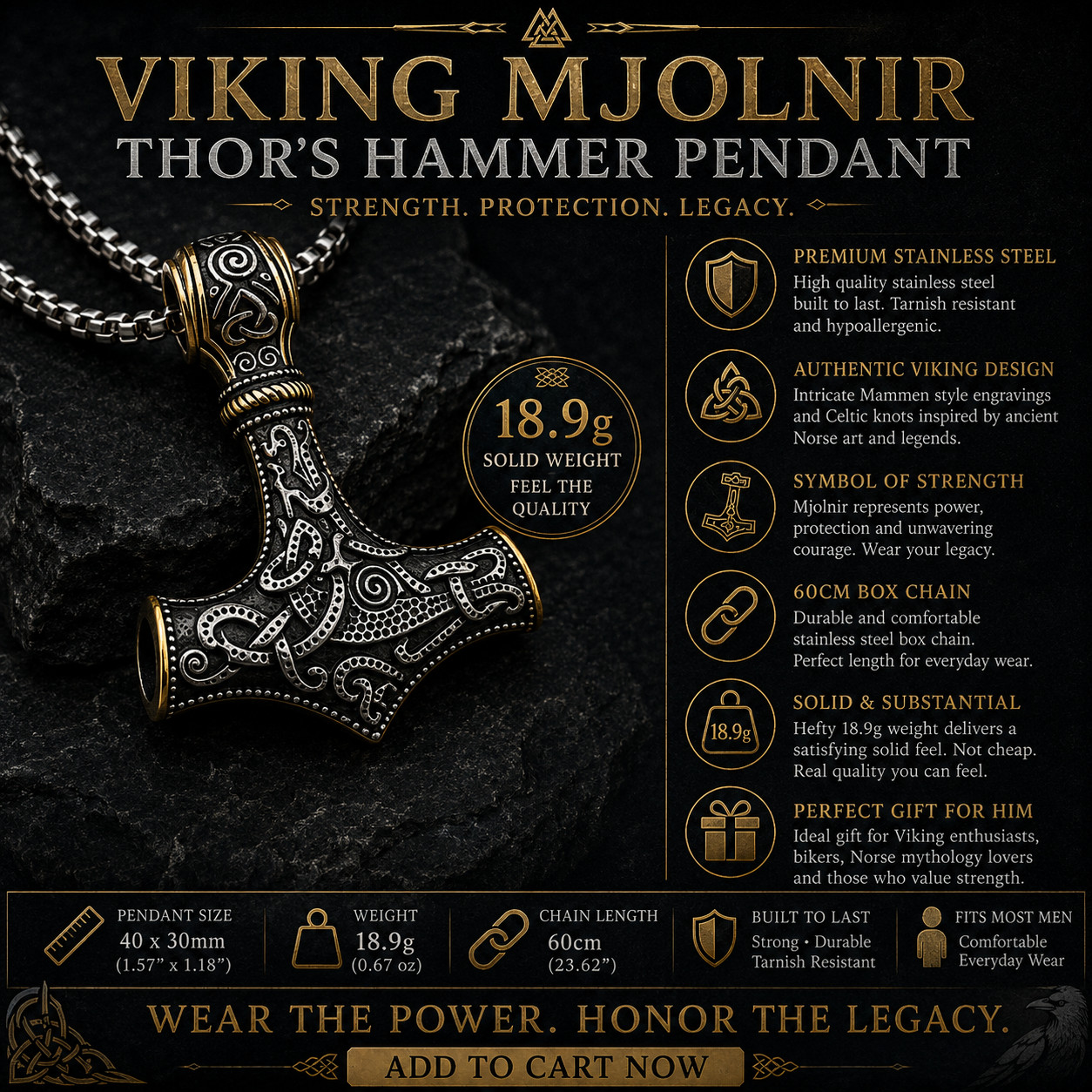 Norse Viking Mjolnir Hammer Pendant Necklace Antique Silver & Gold Celtic Chain