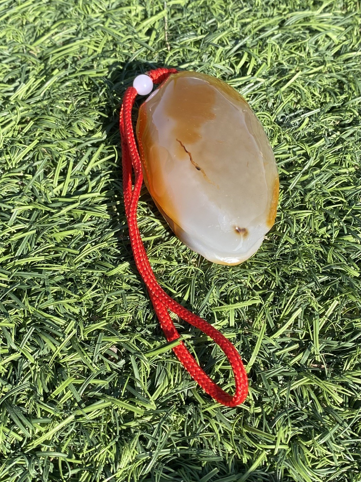 Agate Carved Oval Stone Pendant Necklace w/ Adjustable Red Cord, Brown White