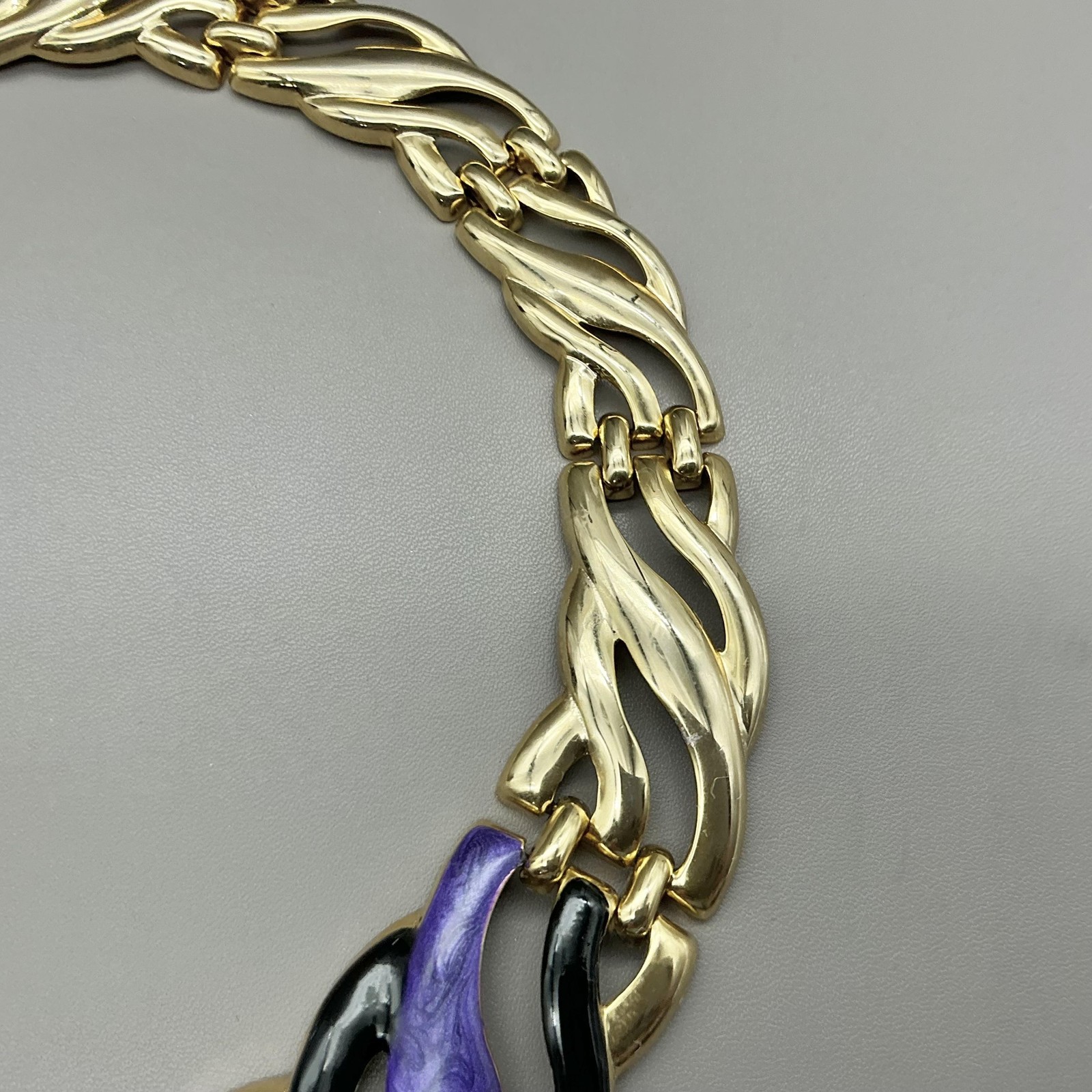 Necklace Statement Collar Gold Tone Purple Black Enamel Wave Womens Jewelry