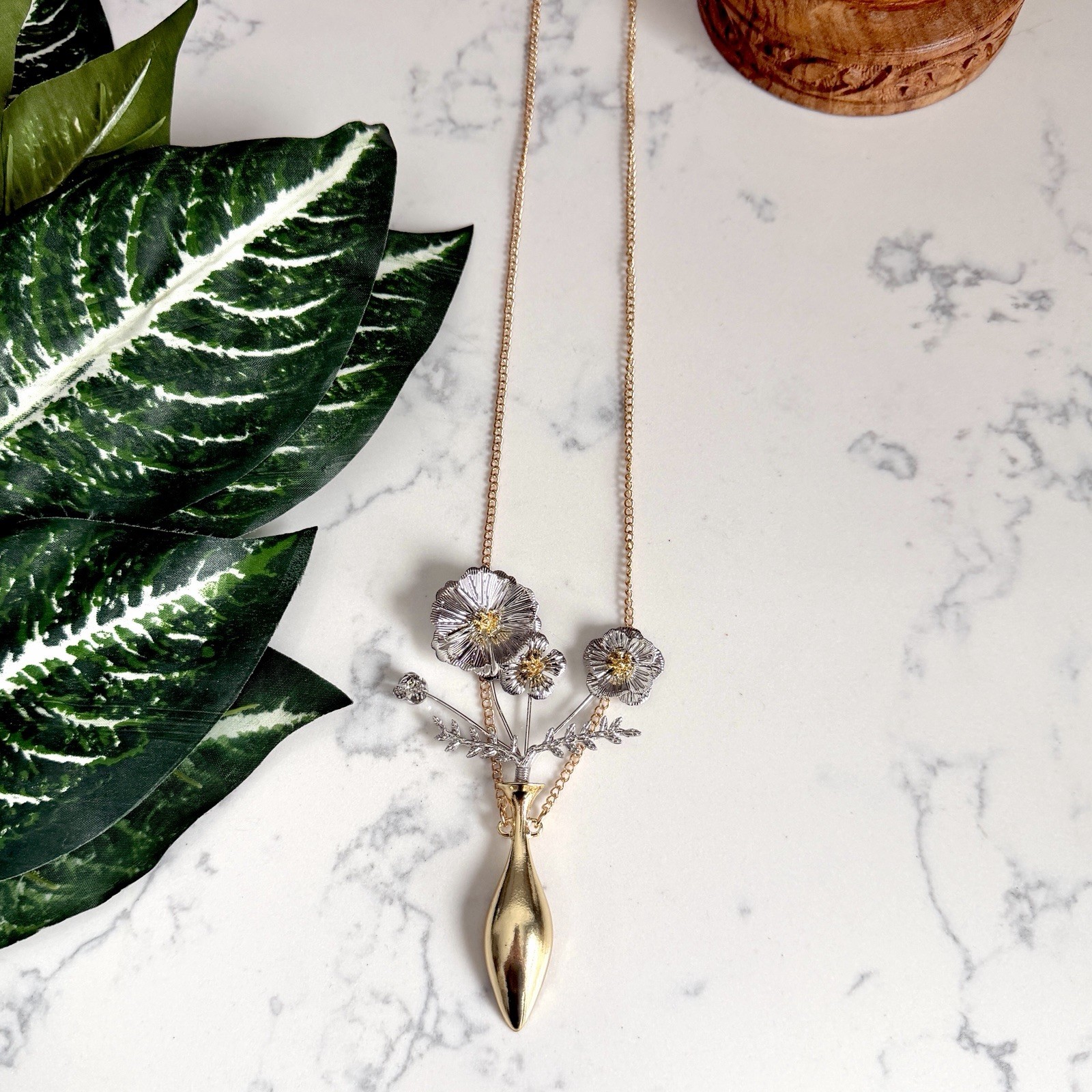 Flower Vase Gold & Silver Necklace Oversized Botanical Long Boho Jewelry NEW