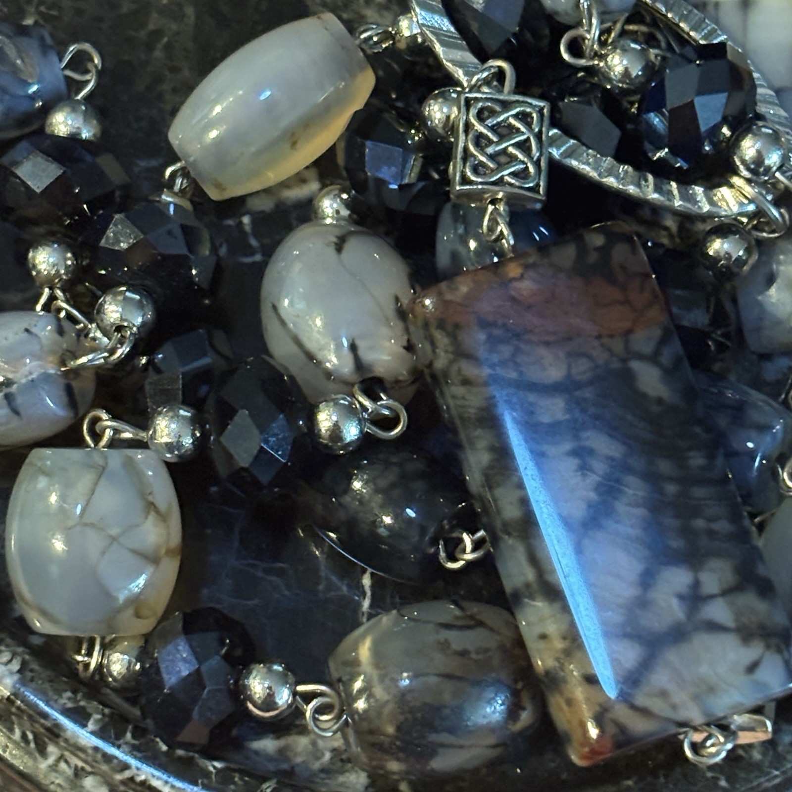 Vintage Boho Long Silver Chain Necklace Mixed Grey Black Agate Stone Beads 32”