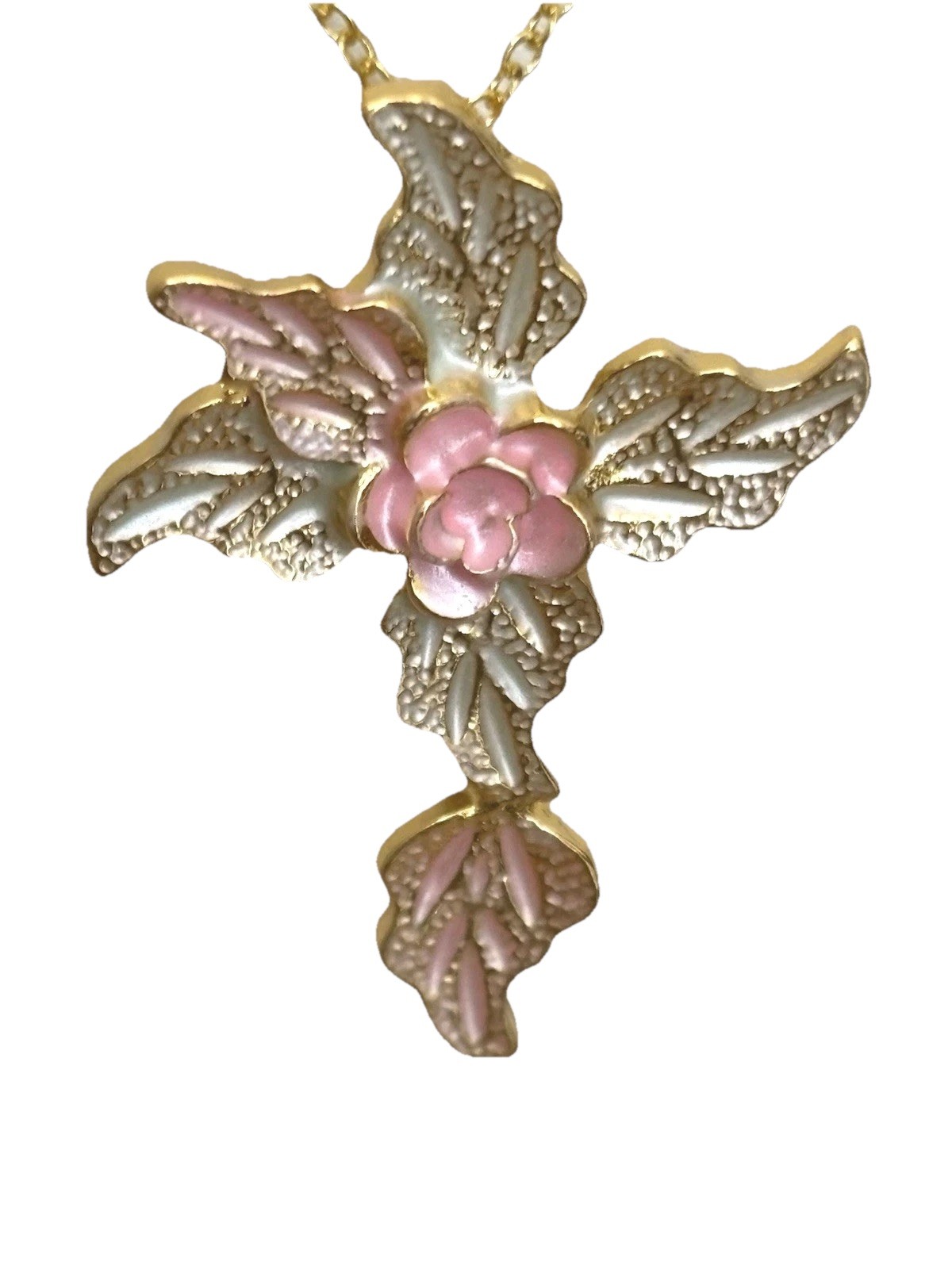 Gold Tone and Pink Floral Pendant Necklace/ Gold Tone Chain Measures 17 + 2 In
