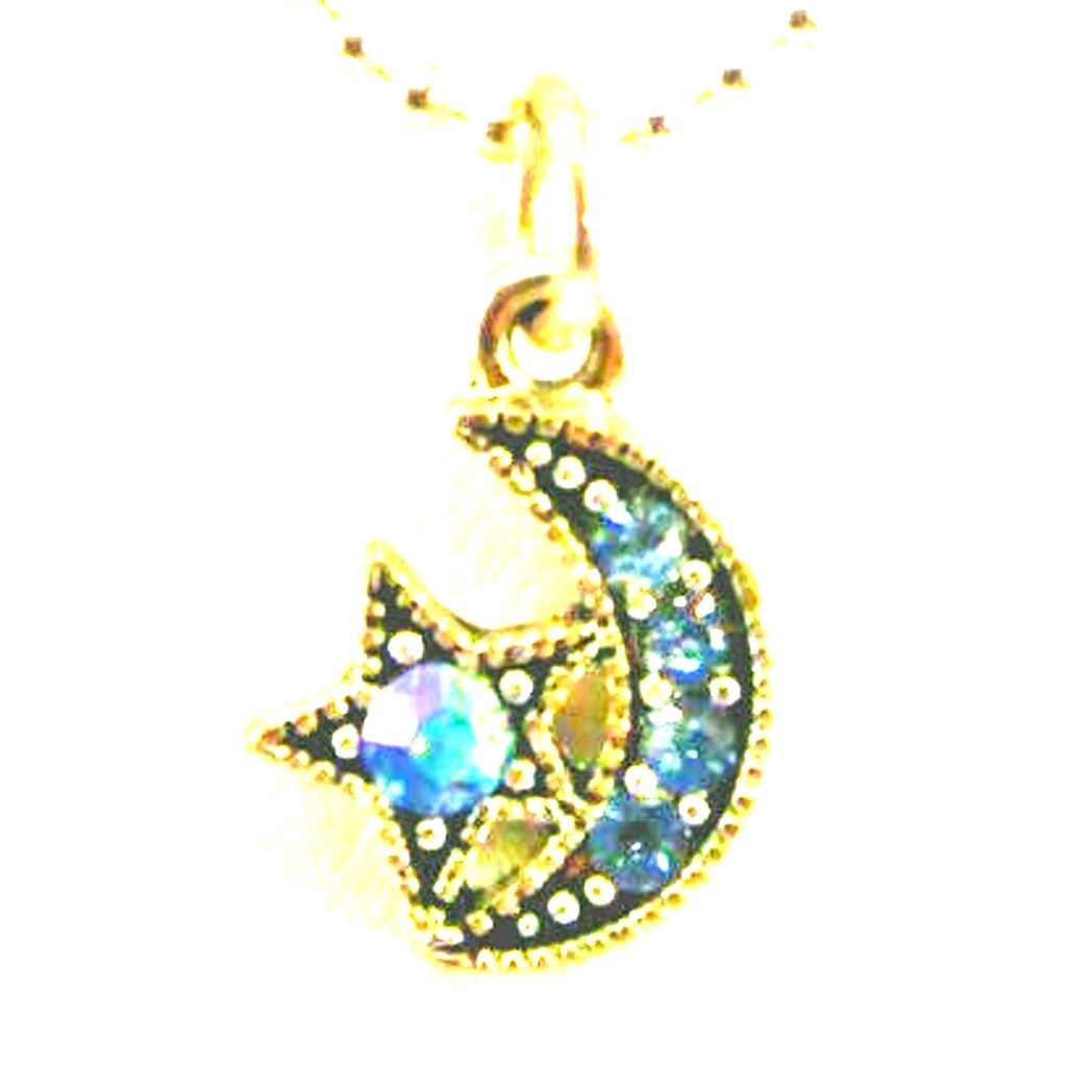 Shining Blue Rhinestone Star & Moon Silvertone Pendant Ball Chain