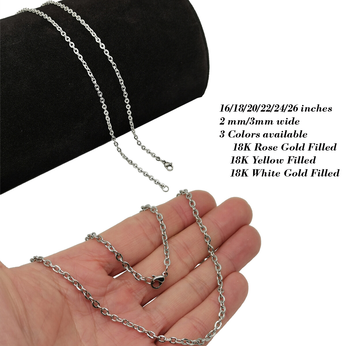 18K White Gold Filled Tarnish-Resist 16-26″ * 2mm/3mm Cable Chain Necklace P146W