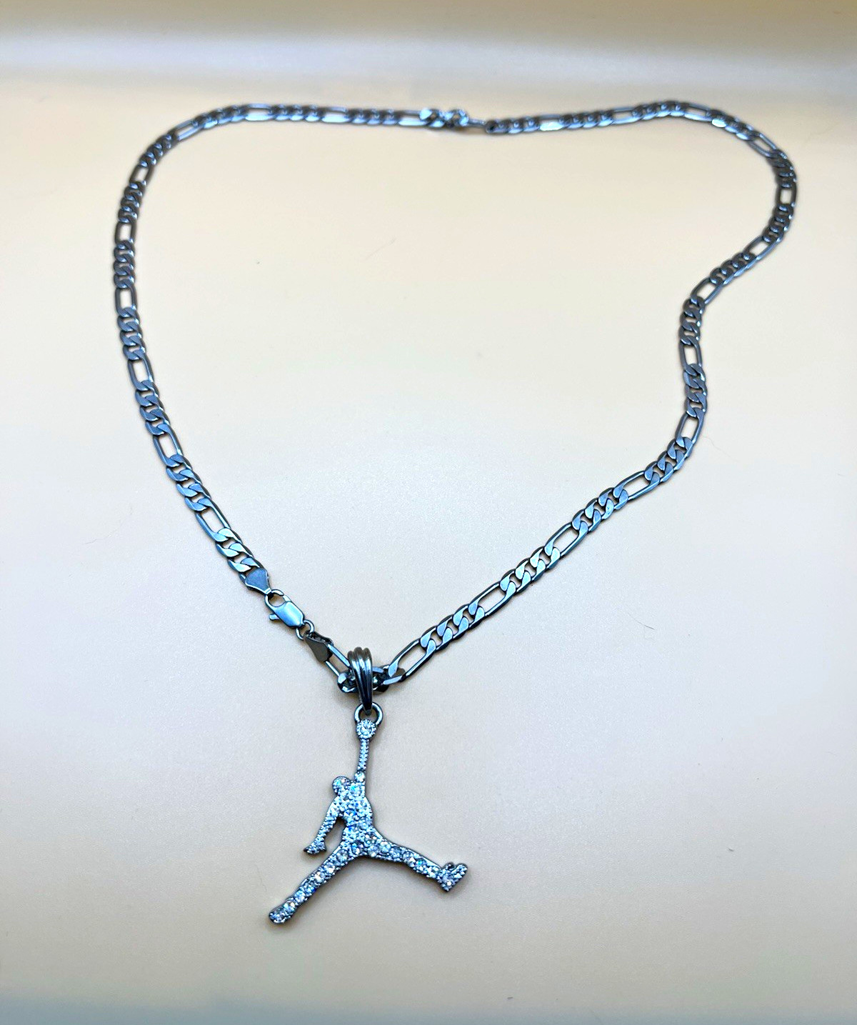 Silver Tone Stainless Steel Figaro Chain Necklace, Clear CZ Sports Charm Pendant