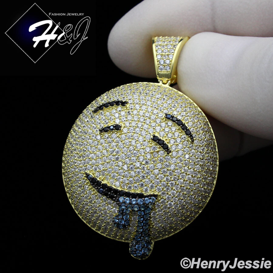 925 STERLING SILVER ICY CUBIC ZIRCONIA GOLD PLATED 3D DROOLING FACE PENDANT*G249