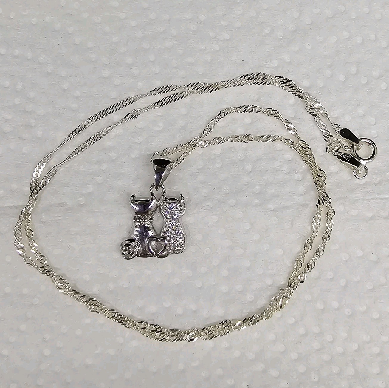Cat Couple Friend 925 Sterling Cubic Zirconia Crystal 18” Italy Chain