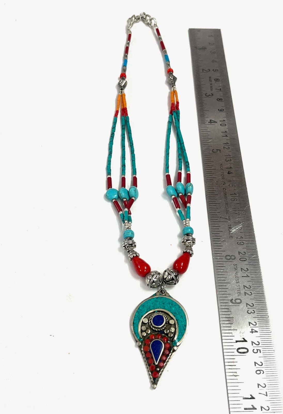 Antique Turquoise Coral Gemstone Tibetan Boho Necklace Jewelry, 17 inch Adjus