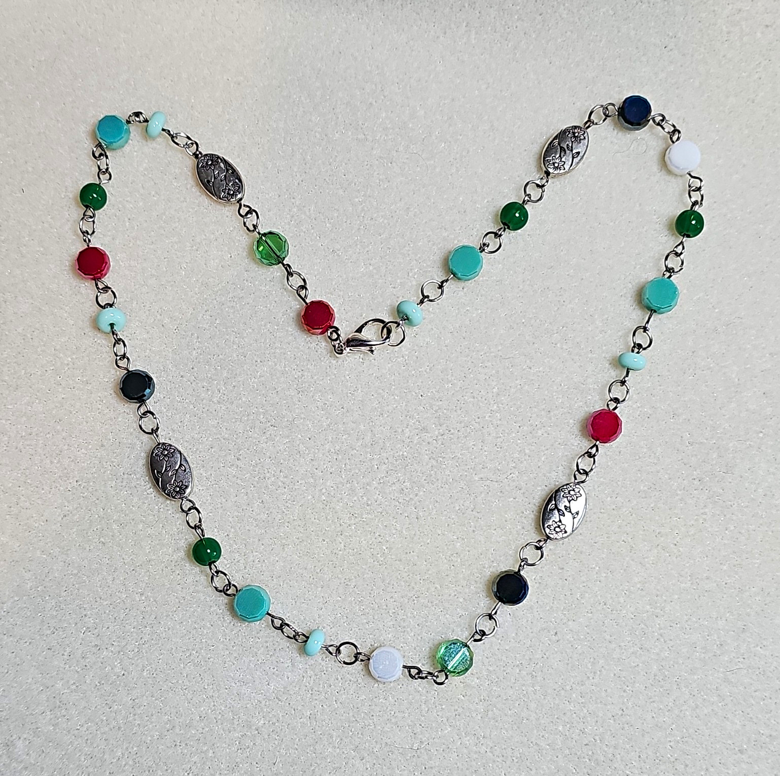 Handmade Multicolor Round Glass Beaded Cable Chain Necklace w/ Lobster Clasp 18″